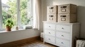Seasonal clothing stored neatly inside stackable nursery storage boxes on top of a chest of drawers
