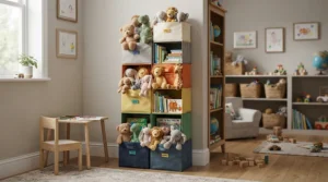Toddler playroom floor organised using sturdy stackable nursery storage boxes