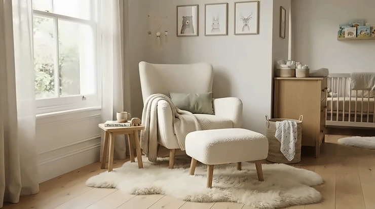 A stylish swivel nursing chair placed neatly in a contemporary neutral nursery with soft lighting.