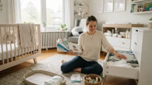 A parent reading top rated nursery storage reviews while setting up a modern baby room in London