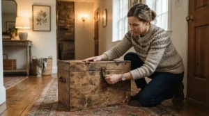 A parent childproofing furniture by installing a secure toy storage with lid for safety in the hallway.