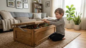 A finger-safe wooden toy storage with lid for safety positioned neatly in a family living room corner.