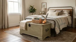 A white painted wooden toy storage with lid for safety situated at the foot of a toddler bed.