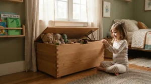 A soft-close toy storage with lid for safety in a brightly lit modern British nursery with pastel walls.