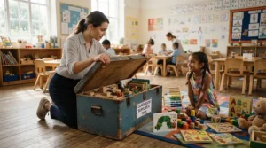 A certified toy storage with lid for safety meeting rigorous UK toy box safety standards in a playschool.