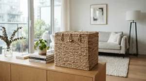 A sturdy toy storage with lid for safety styled as a wicker-trimmed chest in a modern apartment.