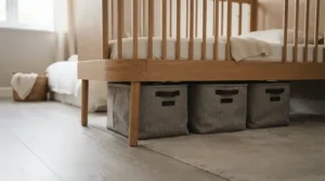 Illustration of fabric under-cot storage boxes tucked underneath a white baby cot to keep nursery essentials tidy.