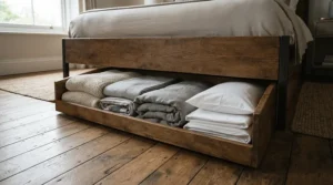 Illustration of extra cot sheets and baby blankets stored safely inside an under-cot storage compartment.