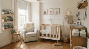 Illustration showing clever under-cot storage ideas for small nurseries, helping parents maximise space in a compact baby room.