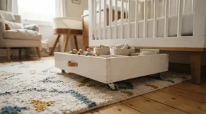 Illustration of smooth-rolling wheels on an under-cot storage drawer on a carpeted nursery floor.