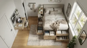 Illustration highlighting a small nursery room layout utilising under-cot storage to fit into standard cot dimensions.