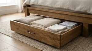 Close-up illustration of a pull-out wooden cot drawer used for under-cot storage, neatly holding baby clothes and blankets.