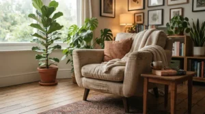 A luxury textured velvet recliner nursing chair adding elegance to a contemporary family home.
