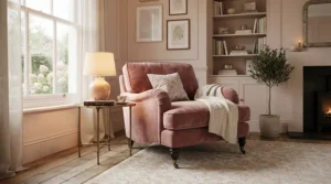 A luxurious velvet swivel nursing chair adding a touch of elegance to a stylish London flat nursery.