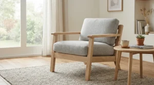 A scandi-style nursing glider chair with a light wooden frame and removable washable covers.